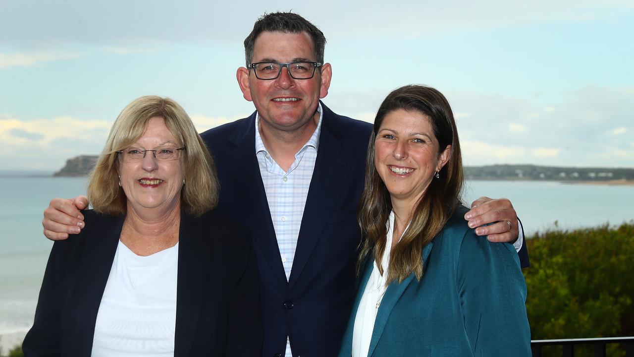 Former Bellarine MP Lisa Neville and her successor Alison Marchant flank former premier Daniel Andrews. Picture: Alison Wynd.