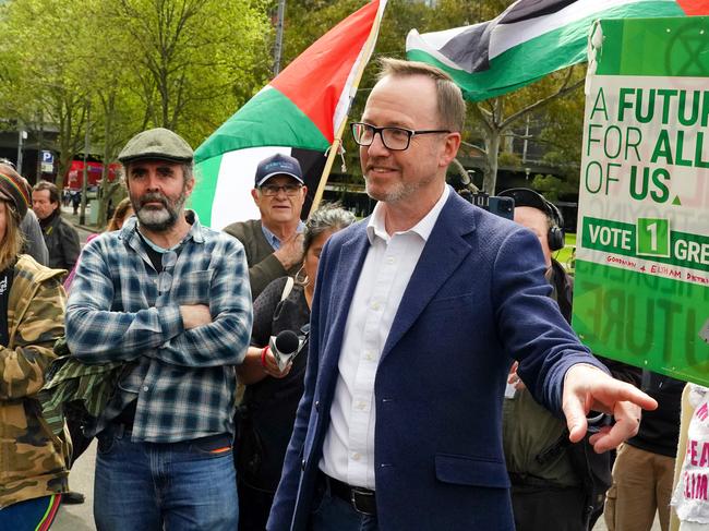 MELBOURNE AUSTRALIA - NewsWire Photos SEPTEMBER 13, 2024: Greens Senator David Shoebridge  addresses anti-war protesters outside the Land Forces event in Melbourne, rallying against the military expo and voicing concerns over Australia's involvement in the global arms trade. Picture: NewsWire / Luis Enrique Ascui