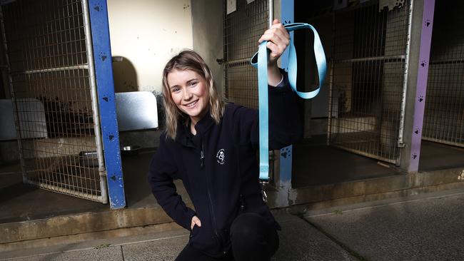 Animal attendant from the Dogs' Home Tasmania, Hannah Ingles with empty cages as all of their dogs have been adopted during the COVID-19 pandemic. Picture: Zak Simmonds