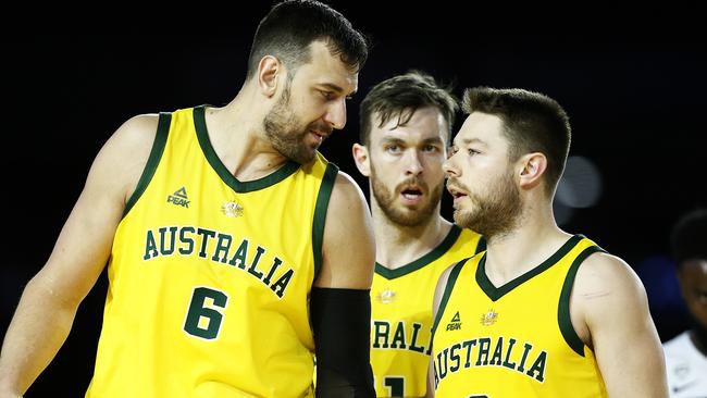 Andrew Bogut chats with Matthew Dellavedova during the Boomers’ recent series against USA. Picture: Daniel Pockett/Getty Images.