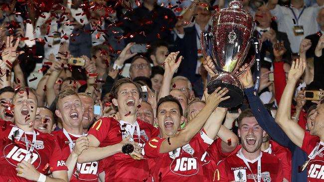 SOCCER - 30/10/18 - FFA CUP FINAL - Adelaide United v Sydney FC at Coopers Stadium. United celebrate with the trophy.  Picture Sarah Reed