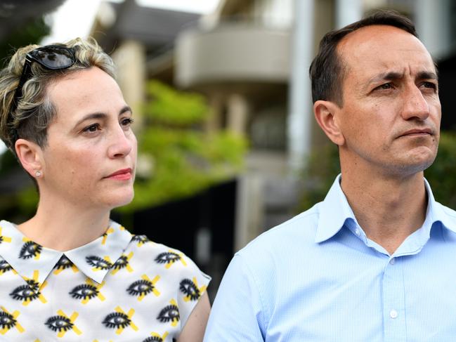 Liberal candidate for Wentworth Dave Sharma and wife Rachael on voting day. Picture: AAP/Dan Himbrechts