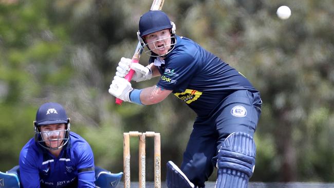 Hoppers Crossing captain-coach Jack Rhodes watches the ball closely. Picture: Mark Dadswell