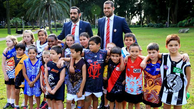 Adam Goodes and Lance Franklin with fans yesterday. Picture: Mark Evans