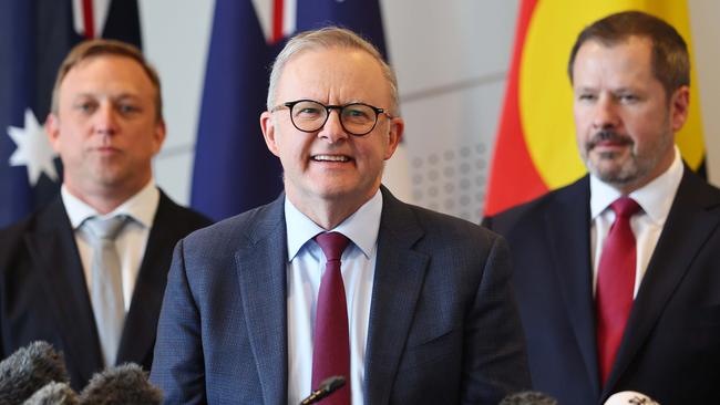 Queensland Premier Steven Miles, Prime Minister Anthony Albanese and Minister for Industry and Science Ed Husic at a press conference for the PsiQuantum deal. Picture: Tertius Pickard