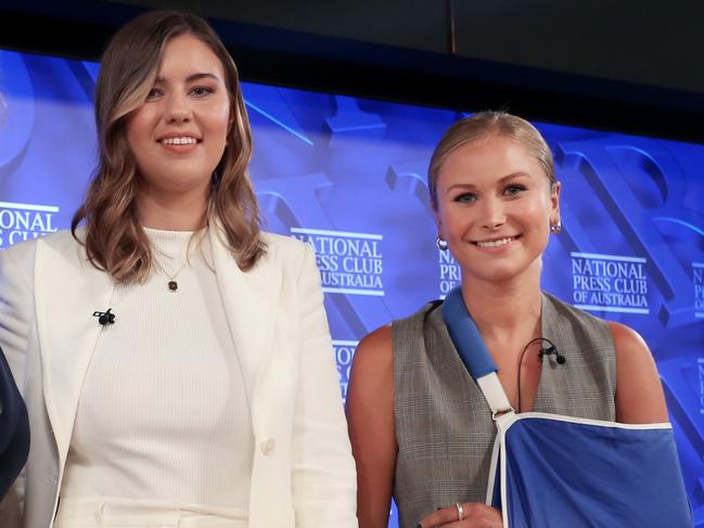 Brittany Higgins and Grace Tame at the National Press Club last month. Picture: Lisa Maree Williams/Getty Images.