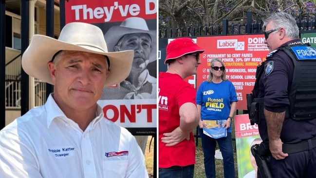 Robbie Katter has called in the lawyers while the bizarre antics of a man at a Alexandra Hills polling booth forced election voluteers to call police.