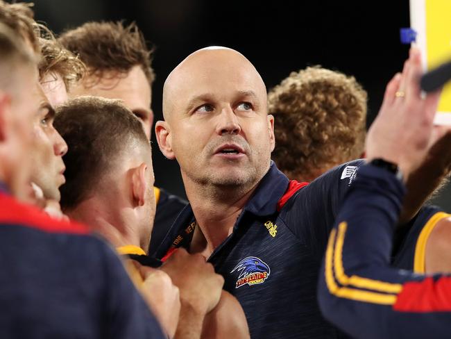 ADELAIDE, AUSTRALIA - APRIL 01: Matthew Nicks, Senior Coach of the Crows during the 2023 AFL Round 03 match between the Port Adelaide Power and the Adelaide Crows at Adelaide Oval on April 1, 2023 in Adelaide, Australia. (Photo by Sarah Reed/AFL Photos via Getty Images)