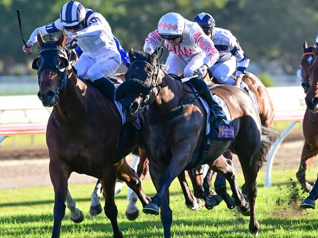 Ka Bling (right), ridden by Andrew Adkins, wins the Ramornie Handicap at Grafton on Wednesday, July 17, 2024. Picture: Grant Peters/Trackside Photography