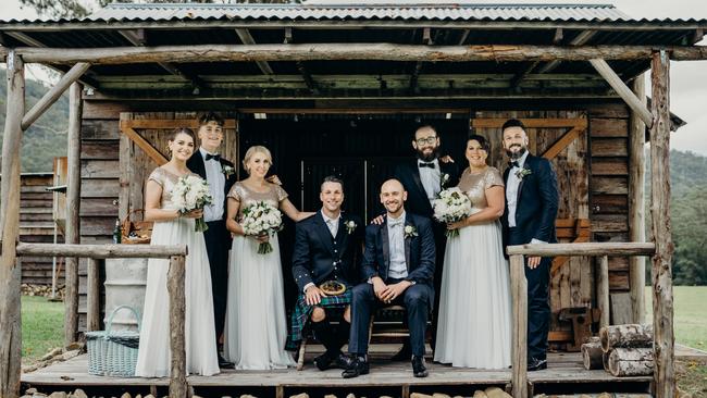 Modern country: Scott Palazzi &amp; Keith Barry Russell with the bridal party, pic: True North Photography, Southport