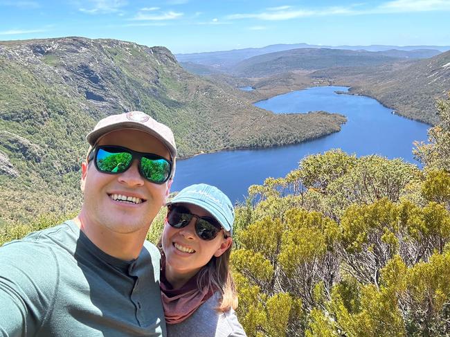 Bindi Irwin, 26, and her husband Chandler Powell, 28 hiking Cradle Mountain. Picture: supplied