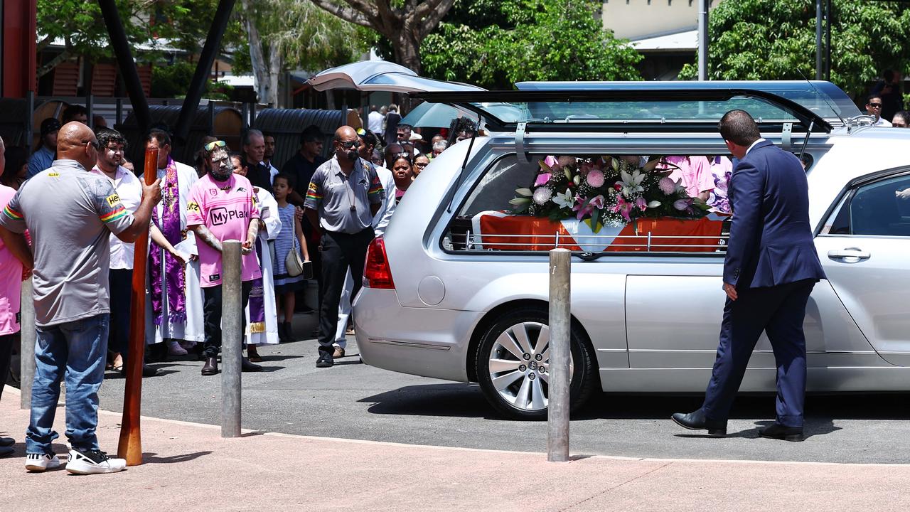 The casket of respected Yidinji elder of the Gimuy Walabarra Yidinji people, Gudju Gudju Fourmile, is placed into the hearse at the conclusion of his funeral service, held at Djarragun College, Gordonvale. Picture: Brendan Radke