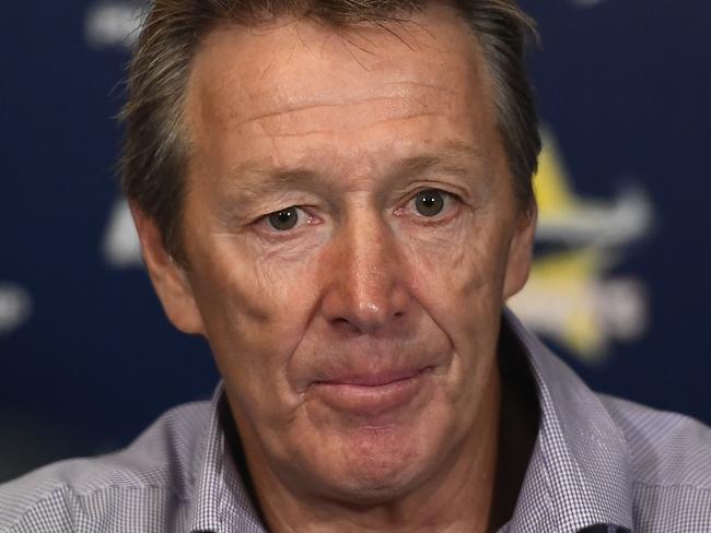 TOWNSVILLE, AUSTRALIA - APRIL 12: Storm coach Craig Bellamy speaks at the post match media conference at the end of during the round five NRL match between the North Queensland Cowboys and the Melbourne Storm at 1300SMILES Stadium on April 12, 2019 in Townsville, Australia. (Photo by Ian Hitchcock/Getty Images)