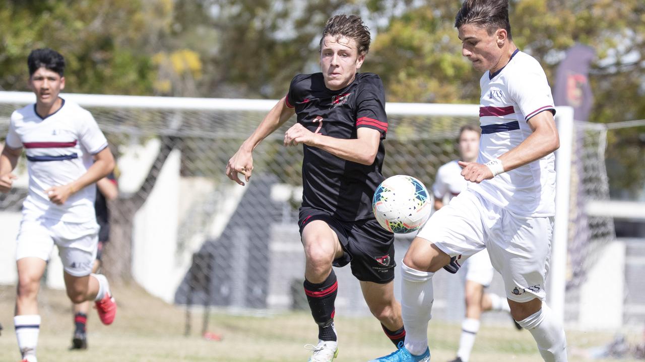 GPS First XI Football. St Joseph's Gregory Terrace vs The Southport School. GT #2 Rhys Gray and TSS #10 Josh Dimarco. 5 September, 2020. Picture: Renae Droop