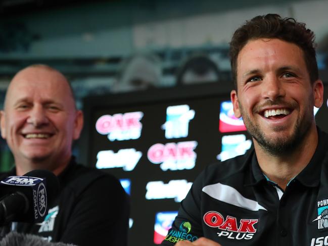 30.11.2018.Port Adelaide announcement. Travis Boak has stepped down as captain of Port Adelaide after 6 seasons. Travis Boak with Port Adelaide coach Ken Hinkley. PIC TAIT SCHMAAL.