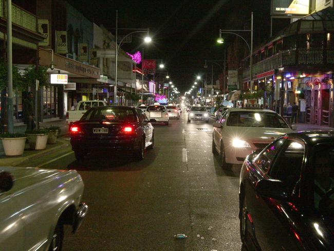 Hindley Street at night in Adelaide.