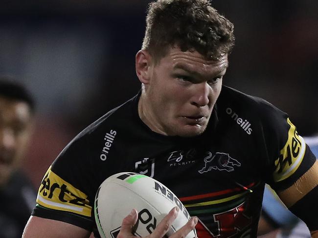 Penrith's Liam Martin scores a try during the Penrith v Cronulla NRL match at Panthers Stadium, Penrith. Picture: Brett Costello