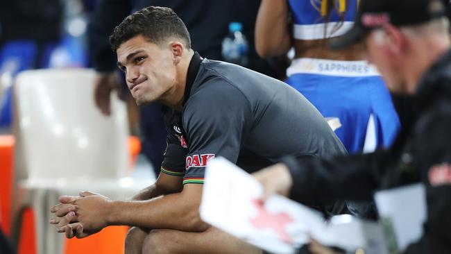 Nathan Cleary watches from the bench.