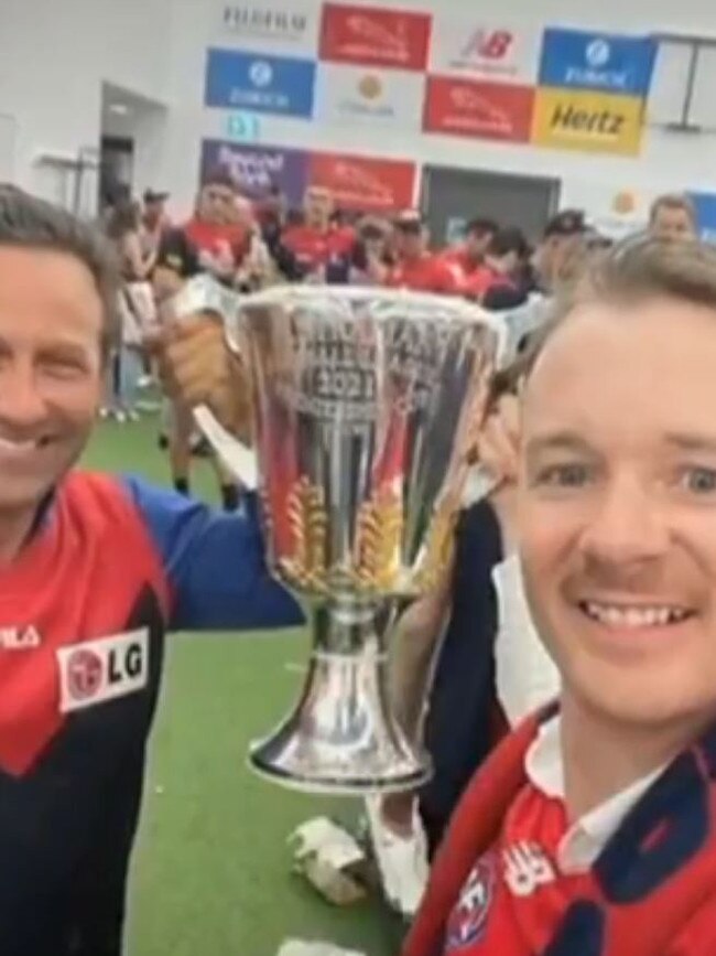 Hayden Burbank and Mark Babbage celebrate the Demons’ win. Picture: Channel 7