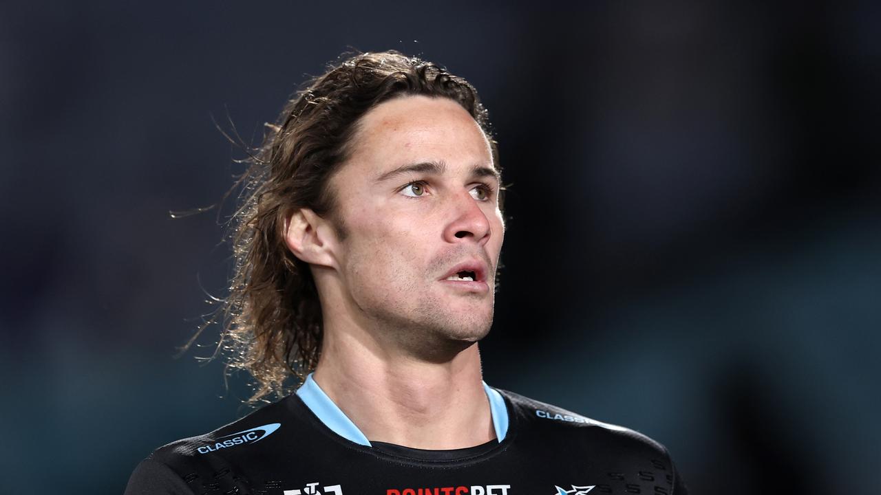 SYDNEY, AUSTRALIA – JUNE 28: Nicho Hynes of the Sharks warms up before the round 17 NRL match between Canterbury Bulldogs and Cronulla Sharks at Accor Stadium on June 28, 2024, in Sydney, Australia. (Photo by Cameron Spencer/Getty Images)