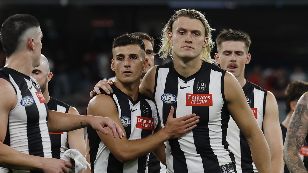 Darcy Moore and Nick Daicos of the Magpies. Pic: Michael Klein.