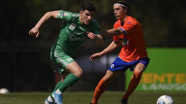 Campbelltown City playmaker Lui Ditroia gets away from Lions FC’s Keegan Jelacic. Picture: Albert Perez/Getty Images)