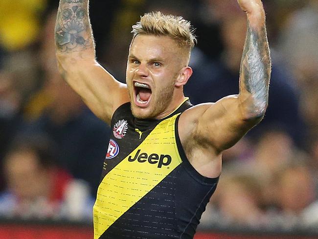 AFL Round 6. 24/04/2019. Richmond v Melbourne at the MCG.  Richmonds Brandon Ellis  celebrates a goal in the 4th qtr     . Pic: Michael Klein.