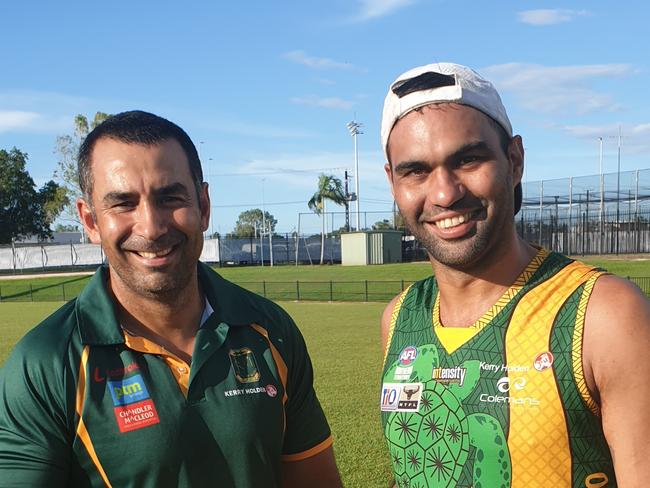 St Mary's coach Anthony Vallejo and Clarke at training before the 2019-20 grand final against Nightcliff. Picture: Grey Morris.