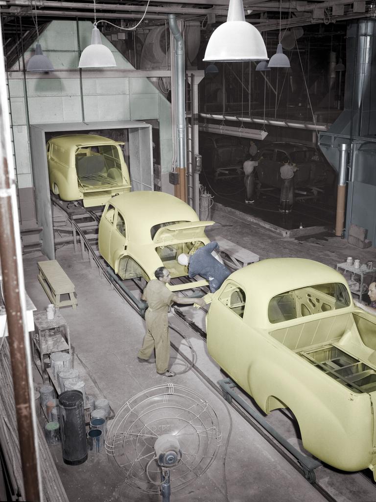 Holden History 17 (rgb) - Workers on FJ Holden motor car factory production line. automobile historical /Automobiles/Holden