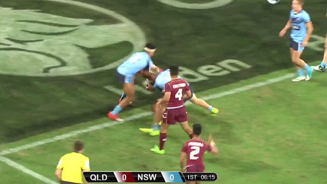 Queensland under-16s centre Will Evans crashes over as his centre partner, Ezraa Coulston (no.4) and winger Alo’fiana Khan-Pereira look on.