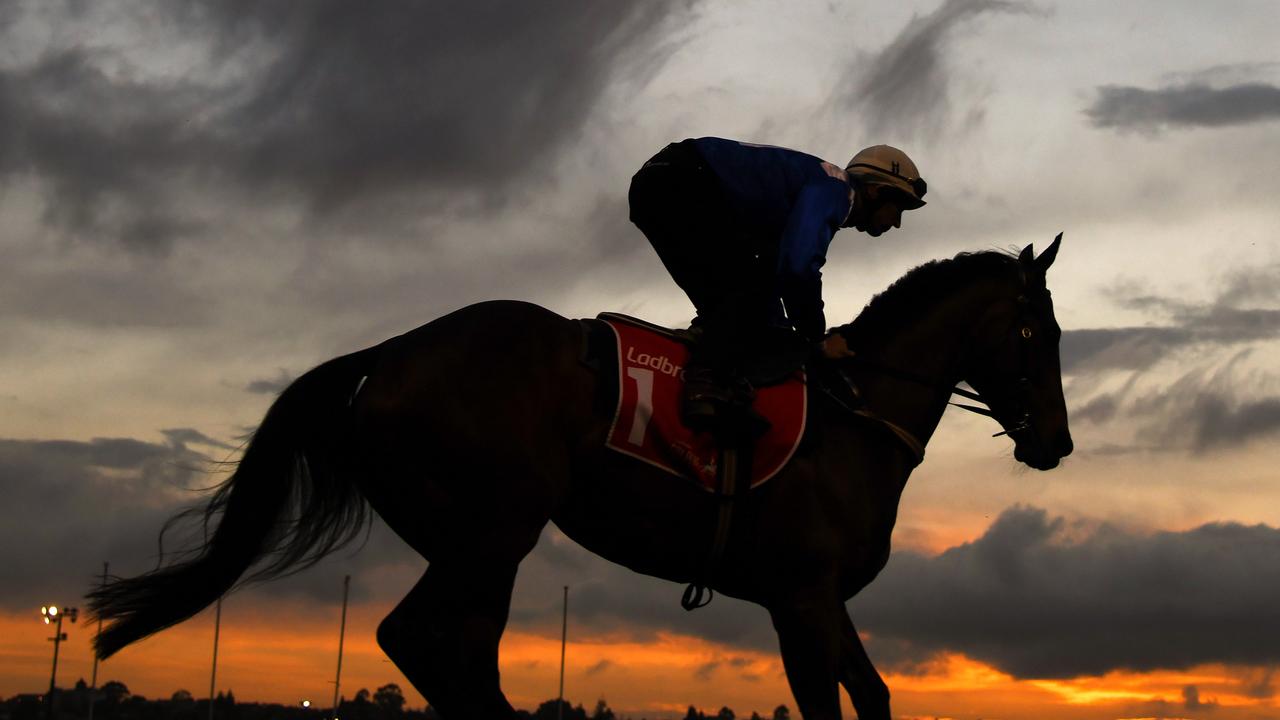 Hugh Bowman riding Winx during the Breakfast with the Best at Moonee Valley. Picture: Vince Caligiuri/Getty Images