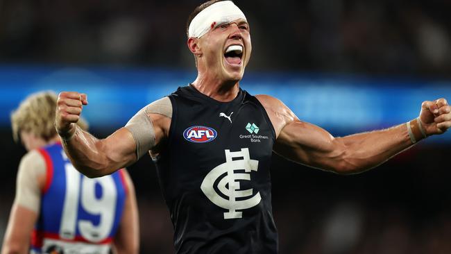 MELBOURNE.  24/03/2022.   AFL. Round 2.  Western Bulldogs vs Carlton at the Marvel Stadium .  Patrick Cripps of the Blues celebrates as the final siren sounds  . Photo by Michael Klein