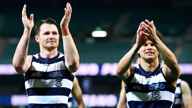 AFLPA president Patrick Dangerfield, left, is in favour of keeping things as they are but ensuring the game can be fluid in its response when necessary. Picture: Getty Images