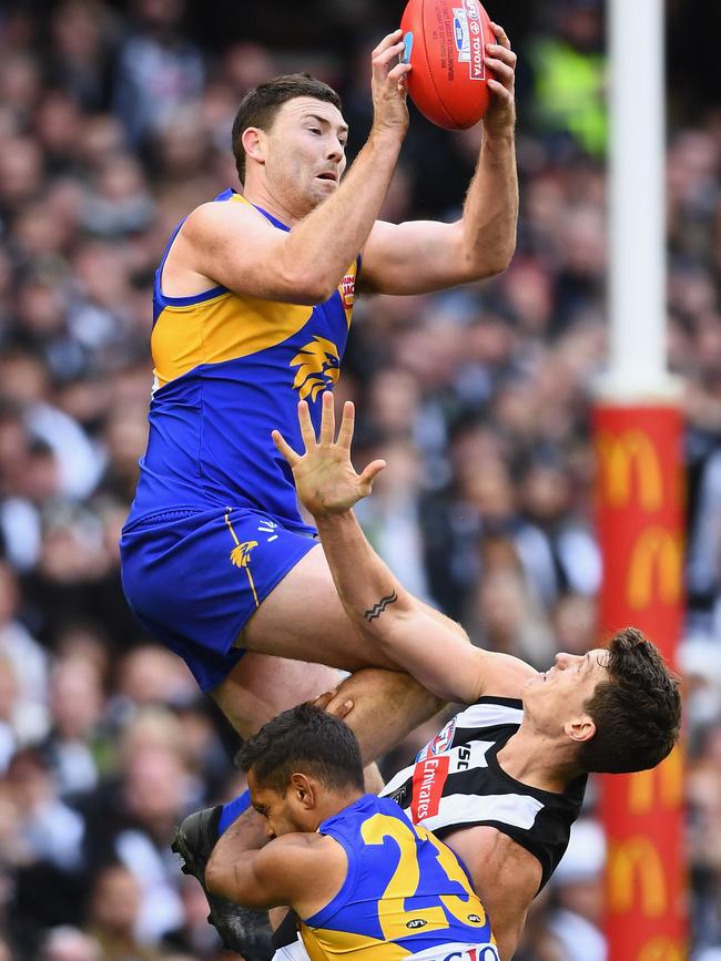 Jeremy McGovern soars for a mark in the dying stages of the 2018 Grand Final. Picture: Getty Images