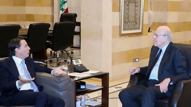 US special envoy Amos Hochstein (L) meeting with Lebanon's Prime Minister Najib Mikati in Beirut. Picture: AFP.