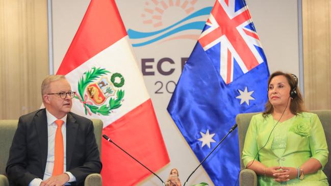 Prime Minister Anthony Albanese talking Peru's President Dina Boluarte during a bilateral meeting on the sidelines of the APEC Summit. Picture: AFP