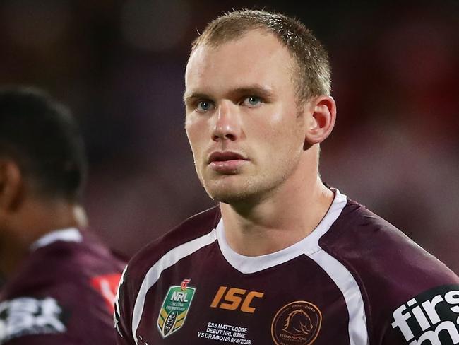 SYDNEY, AUSTRALIA - MARCH 08:  Matthew Lodge of the Broncos looks on during the round one NRL match between the St George Illawarra Dragons and the Brisbane Broncos at UOW Jubilee Oval on March 8, 2018 in Sydney, Australia.  (Photo by Matt King/Getty Images)