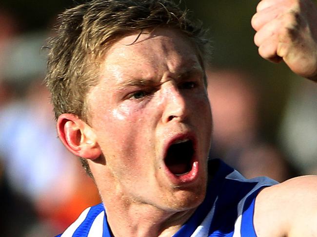 AFL Round 22 - North Melbourne v Adelaide at Blundstone Arena , Jack Ziebell celebrates a goal. 23rd August 2014. Picture : Colleen Petch.