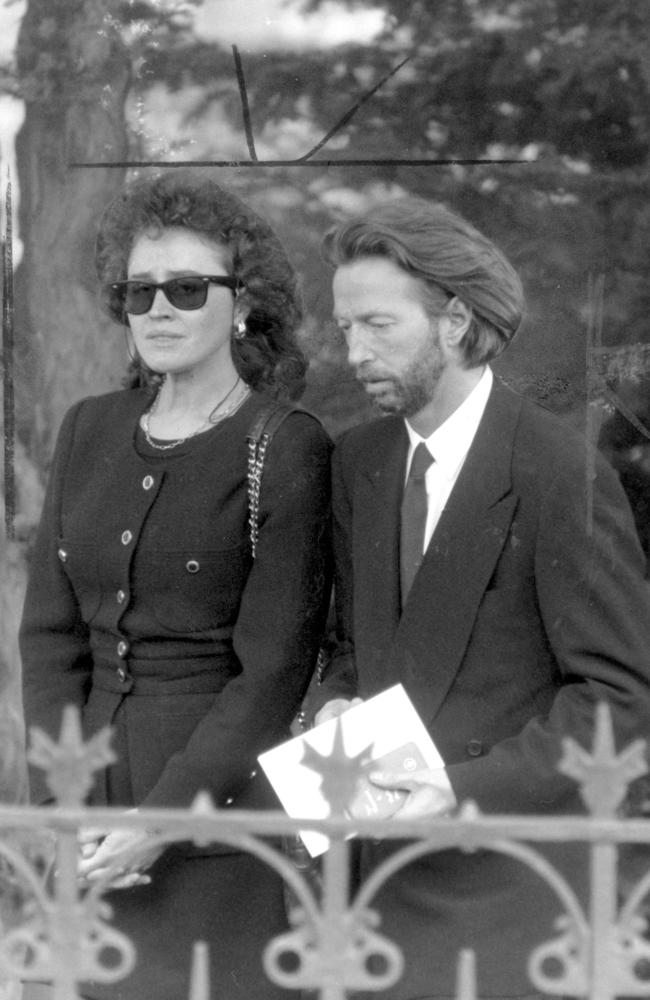 Bereft: Lory del Santo and Eric Clapton at Conor’s funeral.