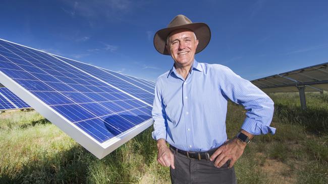 Malcolm Turnbull, pictured at the Barcaldine solar farm in Queensland last year, needs to disrupt the climate consensus. Picture: Nigel Hallett.