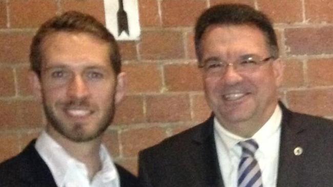 Current Liberal National Party state director Ben Riley (left) with other former presidents of the Young LNP in Queensland. (From second-left) Santo Santoro, Allan Pidgeon, George Brandis and Ian Walker. Picture: YLNP.