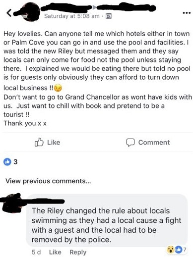 Online speculation over what prompted Crystalbrook Collection's decision to ban non-guests from swimming in the pools at Cairns resort Riley included talk of a "fight". However, the company said it was purely about the numbers and guest comfort. PICTURE: SCREENSHOT / FACEBOOK