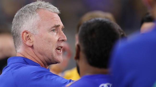 Adam Simpson pleads with his players to find something against Richmond on a night to forget. Picture: Will Russell/AFL Photos via Getty Images