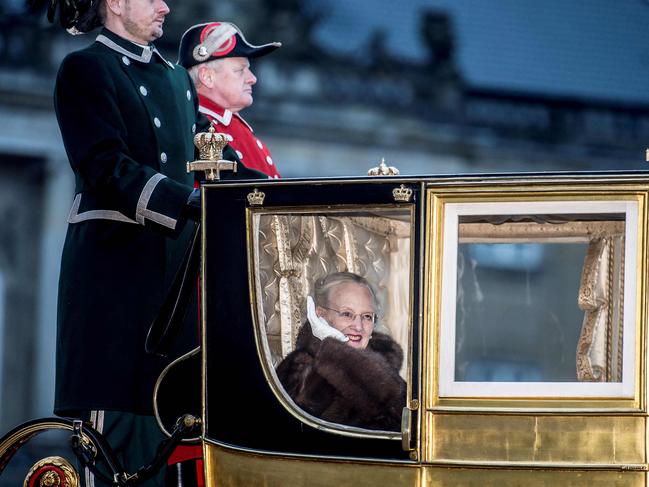 Queen Margrethe II waving from the gold carriage at Amalienborg Castle, January 2018. Picture: Mads Claus Rasmussen / Ritzau Scanpix / AFP