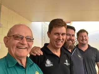 MO TOWN: Roma Men's Shed president Michael Stuhmcke, The Commonwealth Hotel owner Ben Cannon and musicians Stephen Brown and Nathan Moody. Picture: James Liveris