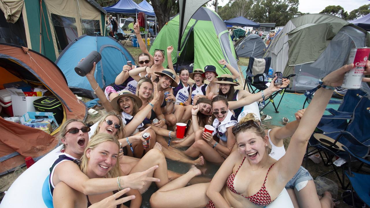 Schoolies 2024 at Victor Harbor Holiday Park – former Seymour College students cool off in the heat. Picture: Brett Hartwig