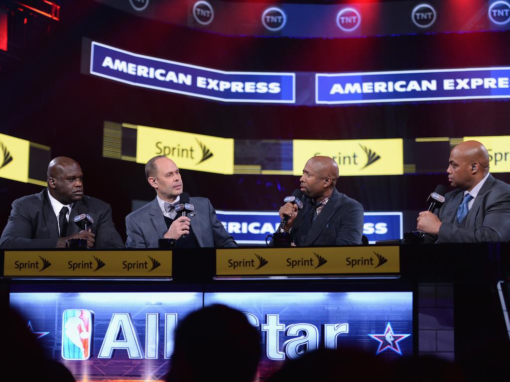 Shaquille O'Neal with his comedy quartet of Ernest Johnson, Kenny Smith and Charles Barkley.