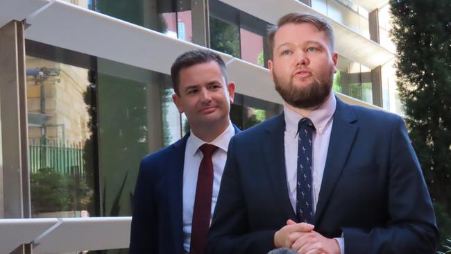 Labor leader Dean Winter with new Labor MP Casey Farrell, at a media conference at Parliament House on Wednesday, May 5, 2025.