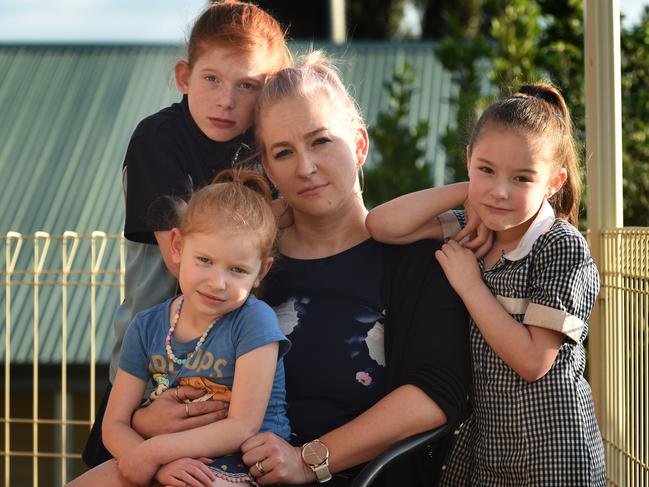 Nicole Kenway and family, Alannah, 11, Jenna, 6 and Piper, 4. They copped a $500 debt from Centrelink because they were told they had received too much childcare subsidy during the year. Unclear how the debt was calculated and it's caused frustration. Picture: Tony Gough