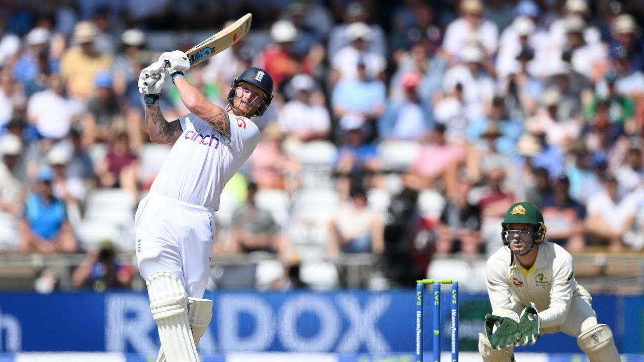 Ben Stokes launches another one into the stands as he went through the gears on Day 2. (Photo by Stu Forster/Getty Images)
